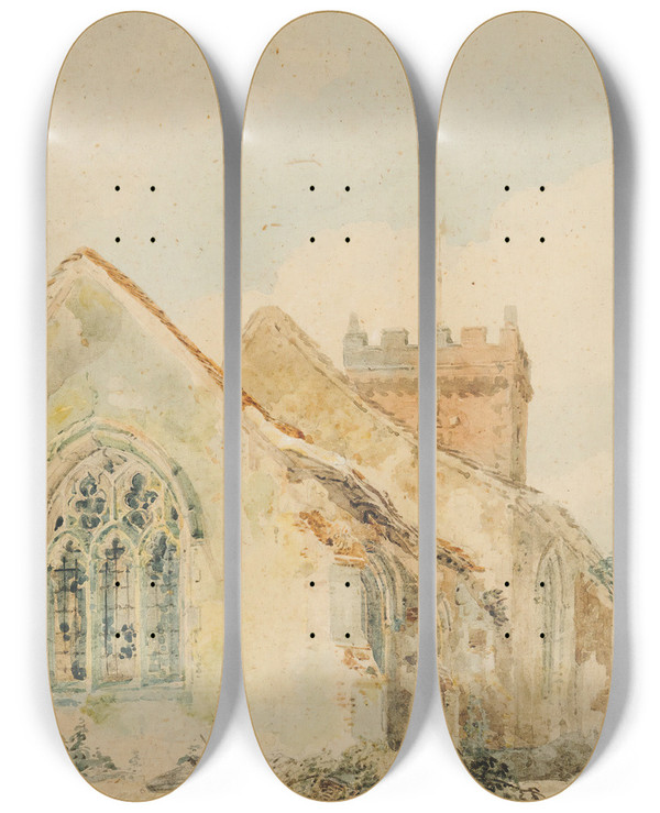 Triptych art skateboard deck of Thomas Girtin Stellingham Church by Thomas Girtin (1775-1802)