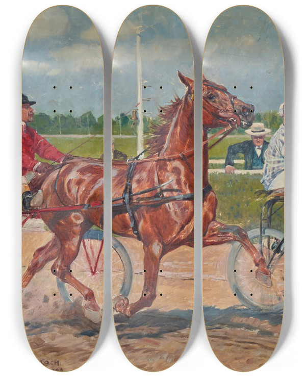 Triptych art skateboard deck of Ludwig Koch The Horse Race by Ludwig Koch (1866-1934)