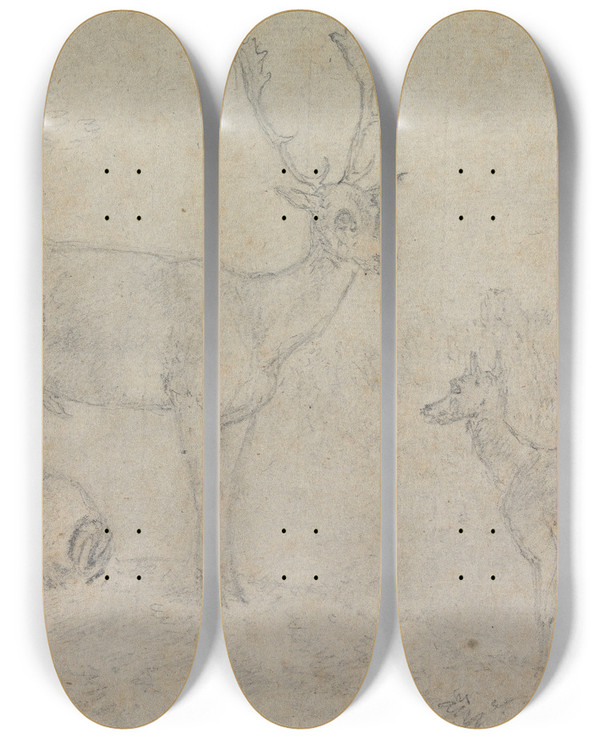 Triptych art skateboard deck of Sawrey Gilpin A Buck And Two Deer by Sawrey Gilpin (1733-1807)