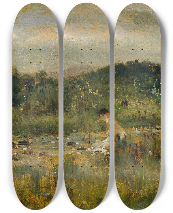 Triptych art skateboard deck of Johann Till The Younger Bachlandschaft Mit Sitzendem Mdchen by Johann Till the younger (1827-1894)