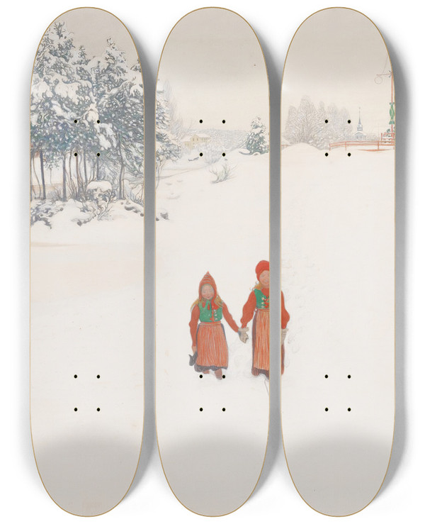 Triptych art skateboard deck of Carl Larsson In The Snow by Carl Larsson (1853-1919)