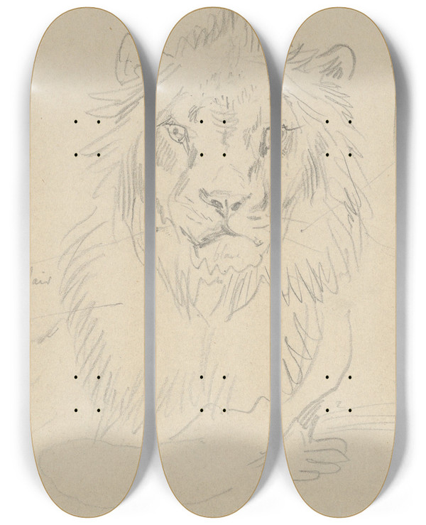 Triptych art skateboard deck of Eugne Delacroix A Lion Full Face by Eugene Delacroix (1798-1863)