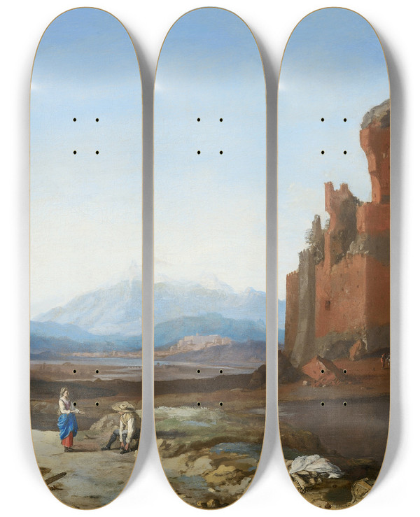 Triptych art skateboard deck of Bartholomeus Breenbergh Italian Landscape With The Aurelian Wall by Bartholomeus Breenbergh (1598-1657)
