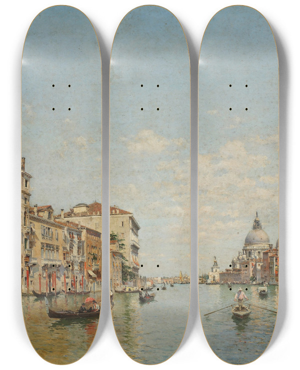 Triptych art skateboard deck of Federico Del Campo View Of The Grand Canal Of Venice by Federico del Campo (1837-1923)