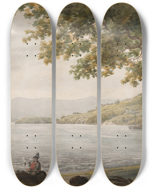 Triptych art skateboard deck of Pavel Petrovich Svinin Shad Fishermen On The Shore Of The Hudson River by Pavel Petrovich Svinin (1787-1839)