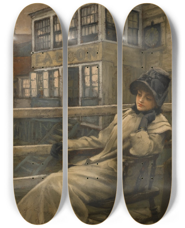 Triptych art skateboard deck of James Tissot Waiting For The Ferry by James Tissot (1836-1902)