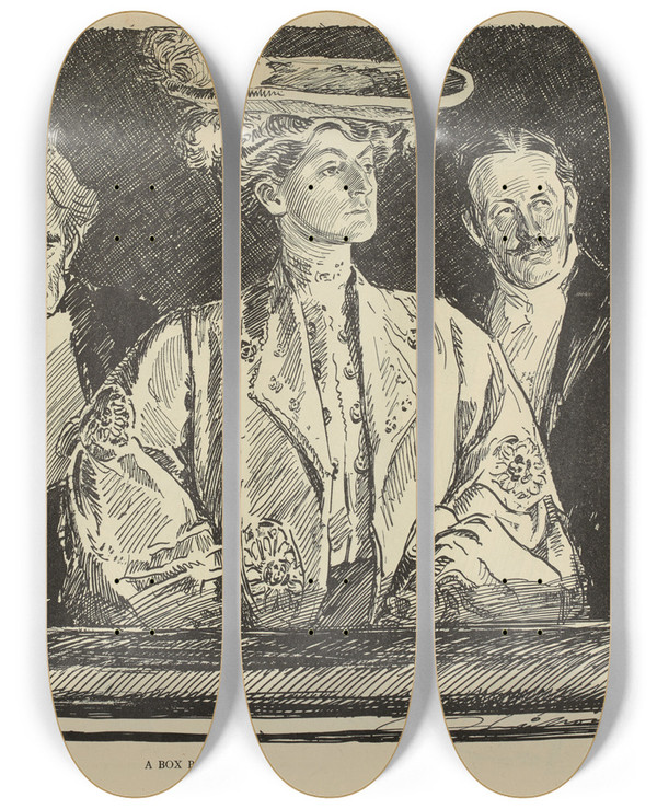 Triptych art skateboard deck of Charles Dana Gibson A Box Party by Charles Dana Gibson (1867-1944)