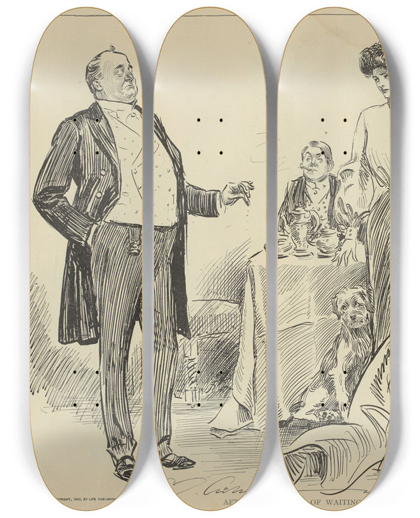 Triptych art skateboard deck of Charles Dana Gibson After Some Years Of Waiting Mr Tagg At Last Appears In The Society Columns by Charles Dana Gibson (1867-1944)