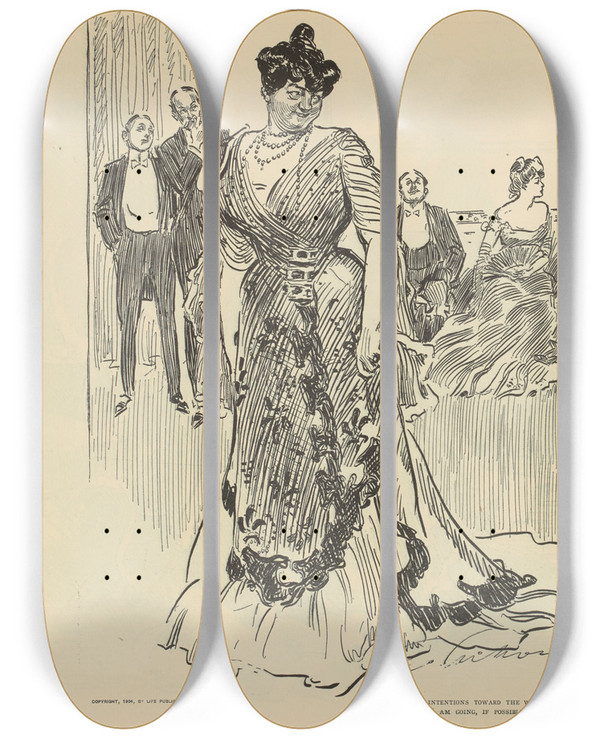 Triptych art skateboard deck of Charles Dana Gibson Are Your Intentions Toward The Widow Serious by Charles Dana Gibson (1867-1944)