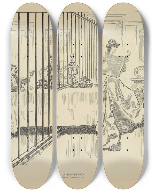 Triptych art skateboard deck of Charles Dana Gibson A Suggestion by Charles Dana Gibson (1867-1944)