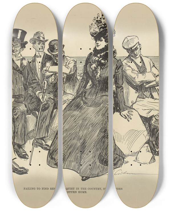 Triptych art skateboard deck of Charles Dana Gibson Failing To Find Rest And Quiet In The Country She Decides To Return Home by Charles Dana Gibson (1867-1944)