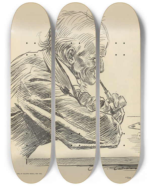 Triptych art skateboard deck of Charles Dana Gibson His Fortune by Charles Dana Gibson (1867-1944)