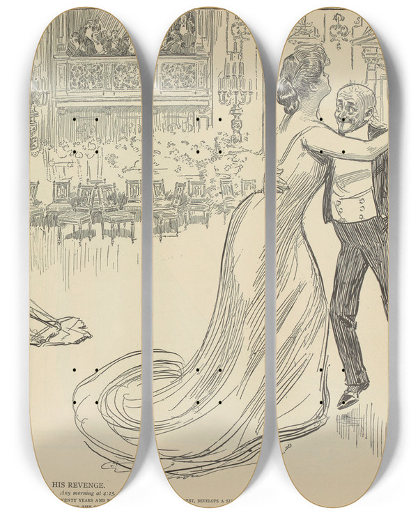 Triptych art skateboard deck of Charles Dana Gibson His Revenge by Charles Dana Gibson (1867-1944)