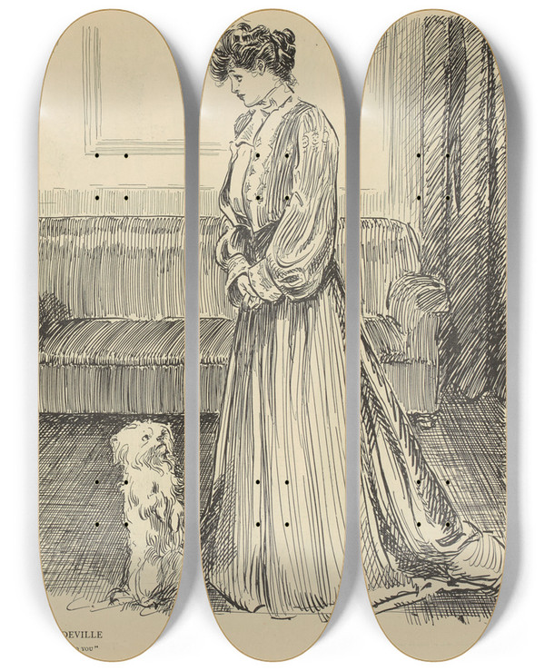 Triptych art skateboard deck of Charles Dana Gibson Lifes Vaudeville Ill Be A Sister To You by Charles Dana Gibson (1867-1944)