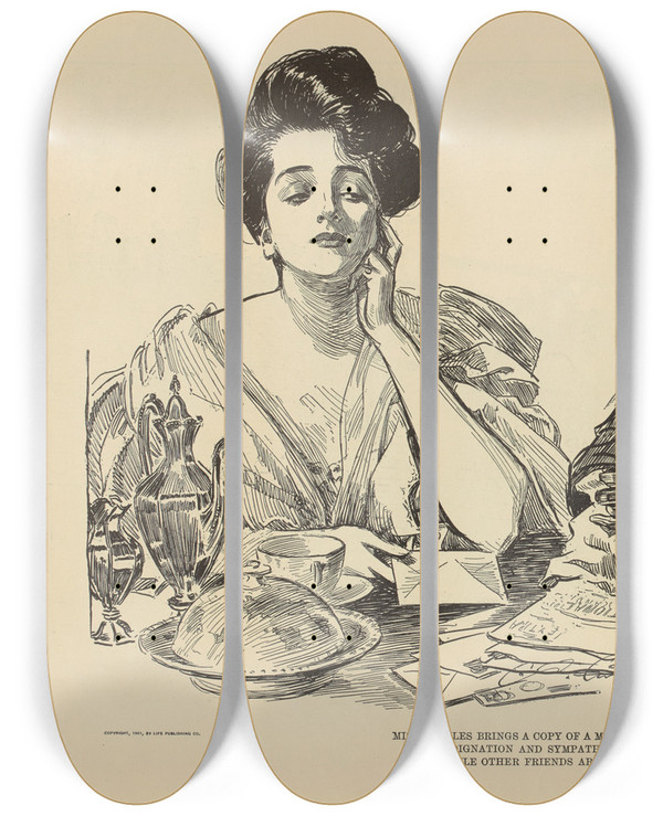 Triptych art skateboard deck of Charles Dana Gibson Miss Babbles Brings A Copy Of A Morning Paper by Charles Dana Gibson (1867-1944)