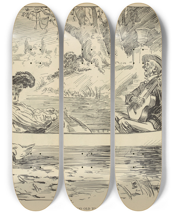 Triptych art skateboard deck of Charles Dana Gibson Never Too Old To Yearn by Charles Dana Gibson (1867-1944)
