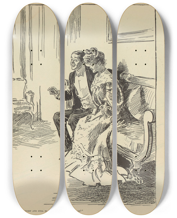 Triptych art skateboard deck of Charles Dana Gibson Old Moneybags Can You Sit Up With My Daughter Every Night And Still Do Your Regular Business Sir by Charles Dana Gibson (1867-1944)