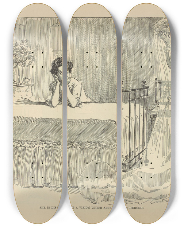 Triptych art skateboard deck of Charles Dana Gibson She Is Disturbed By A Vision Which Appears To Be Herself by Charles Dana Gibson (1867-1944)