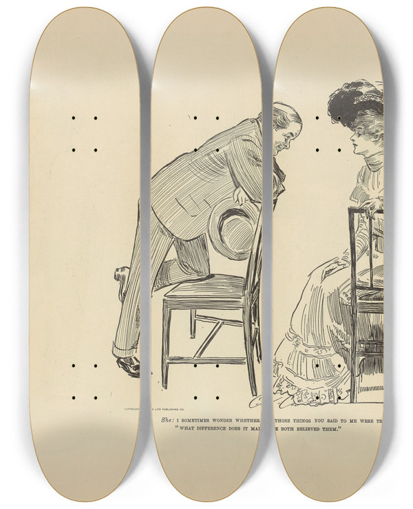 Triptych art skateboard deck of Charles Dana Gibson She I Sometimes Wonder Whether All Those Things You Said To Me Were True by Charles Dana Gibson (1867-1944)