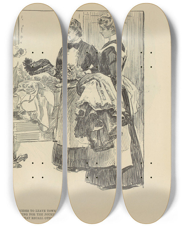 Triptych art skateboard deck of Charles Dana Gibson She Longs For Seclusion And Decides To Leave Town For A Milder Climate by Charles Dana Gibson (1867-1944)
