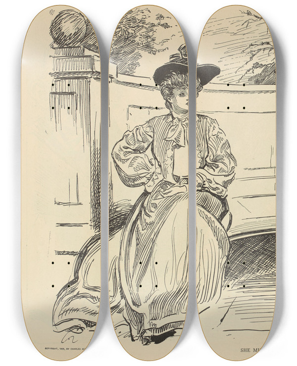 Triptych art skateboard deck of Charles Dana Gibson She Must Have Seen Better Days by Charles Dana Gibson (1867-1944)
