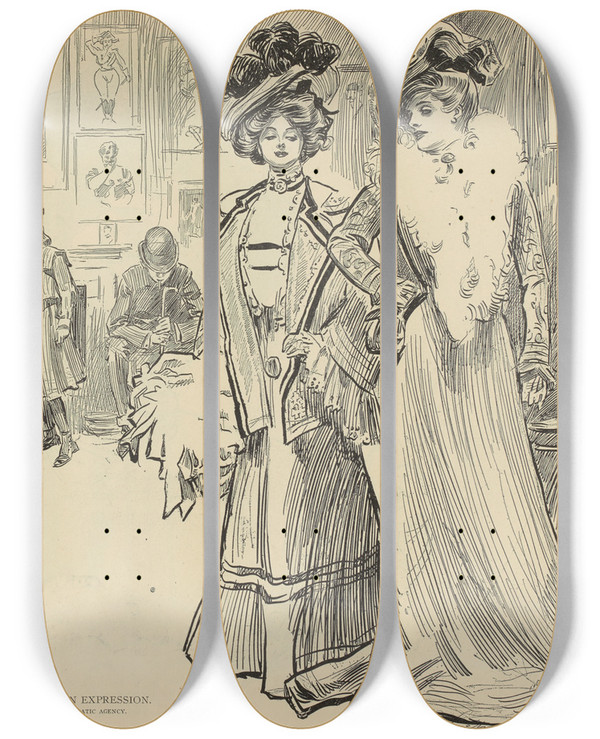 Triptych art skateboard deck of Charles Dana Gibson Studies In Expression At A Dramatic Agency by Charles Dana Gibson (1867-1944)