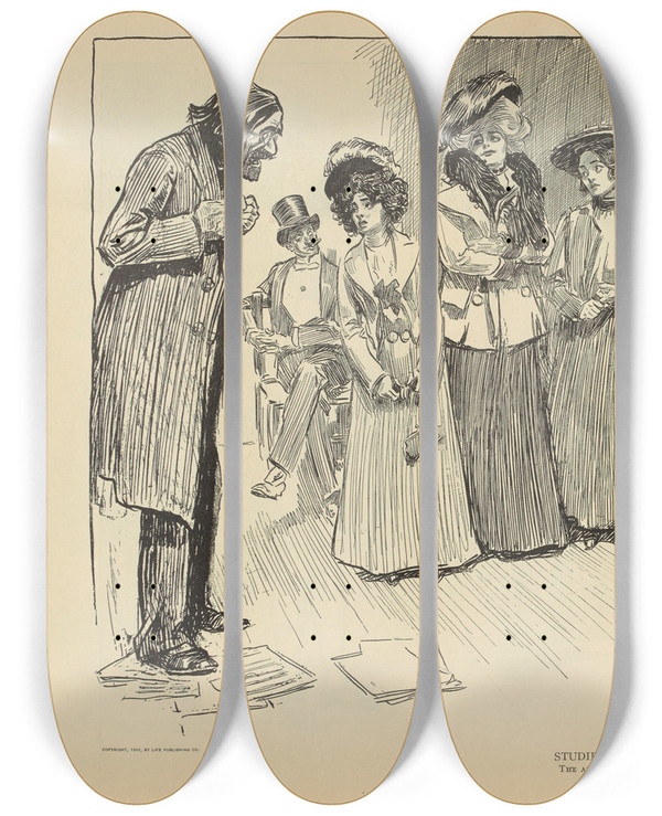 Triptych art skateboard deck of Charles Dana Gibson Studies In Expression The Author And The Soubrette_2 by Charles Dana Gibson (1867-1944)
