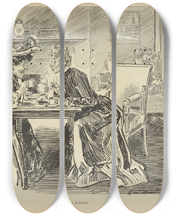 Triptych art skateboard deck of Charles Dana Gibson The Latest Scandal by Charles Dana Gibson (1867-1944)