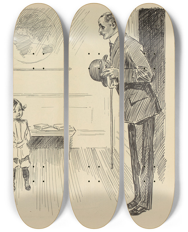Triptych art skateboard deck of Charles Dana Gibson The New Pupil by Charles Dana Gibson (1867-1944)