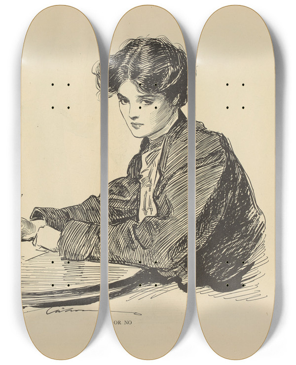 Triptych art skateboard deck of Charles Dana Gibson Yes Or No by Charles Dana Gibson (1867-1944)