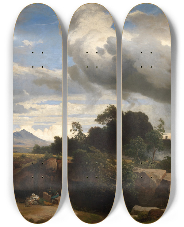Triptych art skateboard deck of Johann Wilhelm Schirmer Heranziehendes Gewitter In Der Rmischen Campagna by Johann Wilhelm Schirmer (1807-1863)