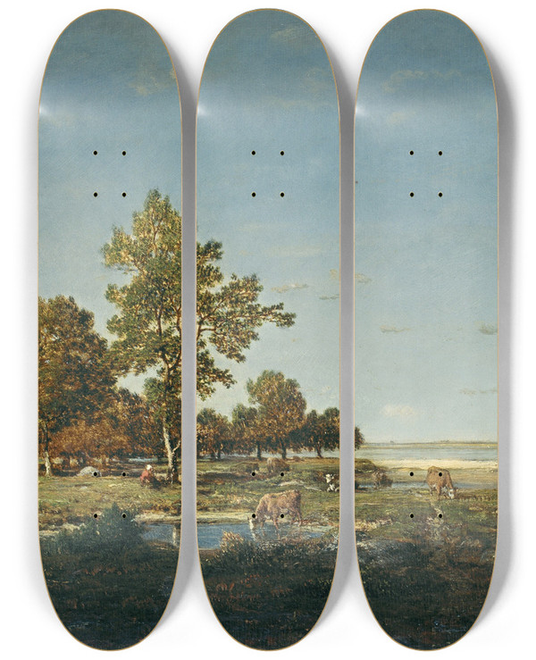 Triptych art skateboard deck of Thodore Rousseau Landscape With A Clump Of Trees by Theodore Rousseau (1812-1867)