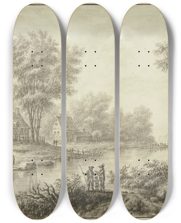 Triptych art skateboard deck of Johann Caspar Zehender Blick Auf Einen Flu Am Linken Ufer Eine Husergruppe Unter Bumen Im Vordergrund Eine Anglergruppe by Johann Caspar Zehender (1742-1805)
