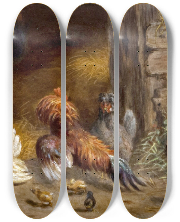 Triptych art skateboard deck of Carl Jutz Hhner Im Stall by Carl Jutz (1838-1916)