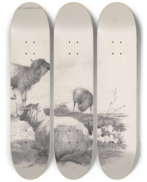 Triptych art skateboard deck of Thomas Sidney Cooper Thomas Sydney Coopers Cattle Subjects Pl22 by Thomas Sidney Cooper (1803-1902)