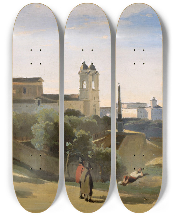 Triptych art skateboard deck of Jeanbaptistecamille Corot Monte Pincio Rome by Jean-Baptiste-Camille Corot (1796-1875)