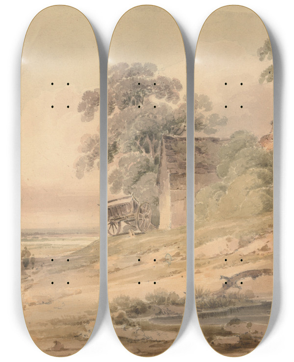 Triptych art skateboard deck of Paul Sandby Munn Landscape With Farmhouse Figures And Pond by Paul Sandby Munn (1773-1845)