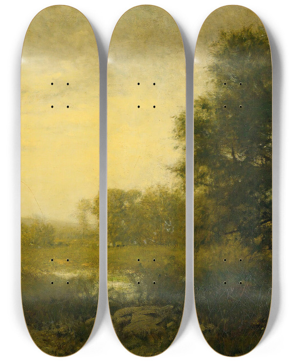 Triptych art skateboard deck of Alexander Helwig Wyant A Summer Day by Alexander Helwig Wyant (1836-1892)