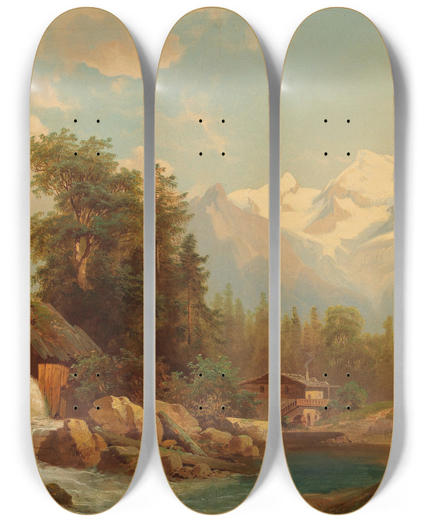 Triptych art skateboard deck of Josef Thoma Mhle Am Gebirgsbach by Josef Thoma (1828-1899)