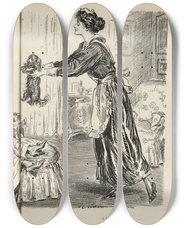 Triptych art skateboard deck of Charles Dana Gibson A Dogs Life by Charles Dana Gibson (1867-1944)