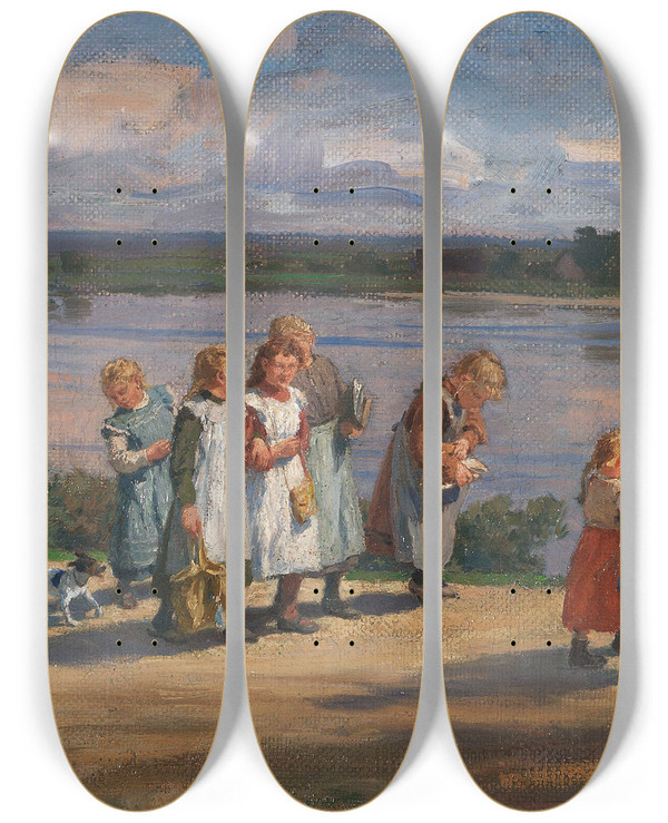 Triptych art skateboard deck of Friedrich Kallmorgen Die Schule Ist Aus by Friedrich Kallmorgen (1856-1924)