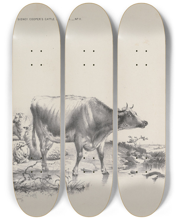 Triptych art skateboard deck of Thomas Sidney Cooper Thomas Sydney Coopers Cattle Subjects Pl11 by Thomas Sidney Cooper (1803-1902)