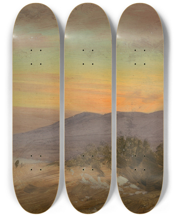 Triptych art skateboard deck of Frederic Edwin Church Hudson Valley Sunset by Frederic Edwin Church (1826-1900)