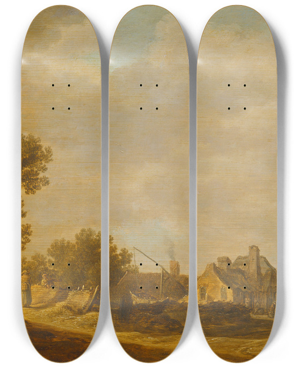 Triptych art skateboard deck of Jan Van Goyen Landscape With Tavern by Jan Van Goyen (1596-1656)