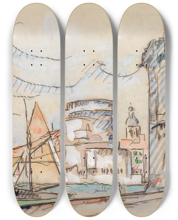 Triptych art skateboard deck of Paul Signac Le Port De La Rochelle by Paul Signac (1863-1935)