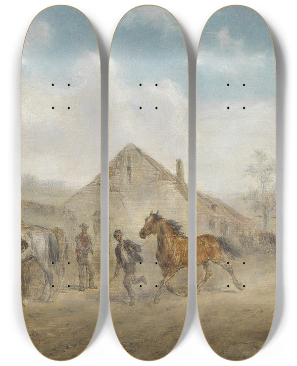 Triptych art skateboard deck of Alfred Friedlnder Pferdemarkt Am Dorfplatz by Alfred Friedlander (1860-1927)
