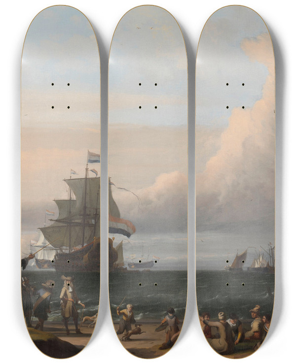 Triptych art skateboard deck of Ludolf Bakhuysen Dutch Ships In The Roads Of Texel In The Middle The Gouden Leeuw The Flagship Of Cornelis Tromp by Ludolf Backhuysen (1630-1708)
