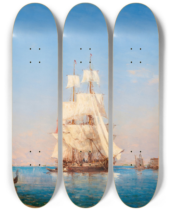 Triptych art skateboard deck of Flix Ziem Venice A Sailing Ship by Felix Ziem (1821-1911)