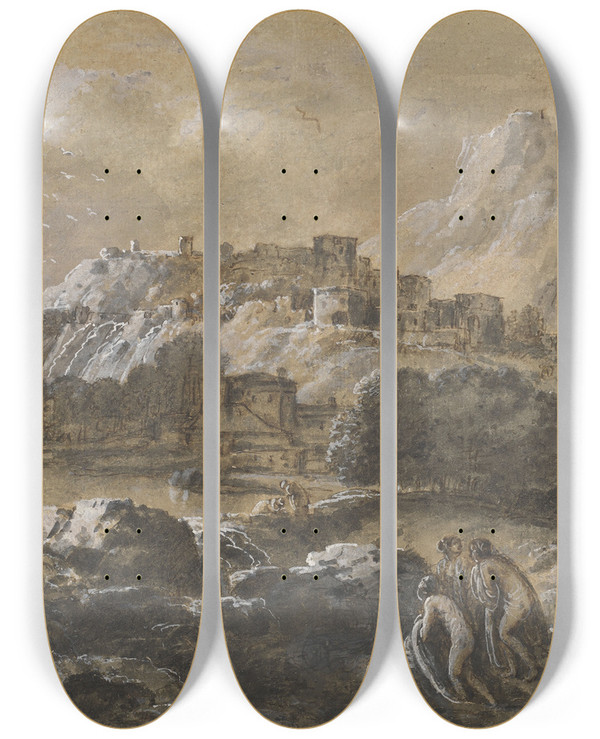 Triptych art skateboard deck of Francesco Zuccarelli Mountainous River Landscape With Bathers by Francesco Zuccarelli (1702-1788)
