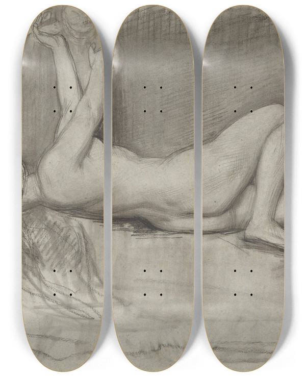 Triptych art skateboard deck of August Alleb Naaktstudie Van Achteroverliggende Vrouw by August Allebe (1838-1927)